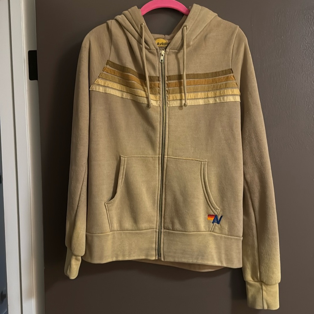 Aviator Nation 5 stripe hoodie faded tan Small
